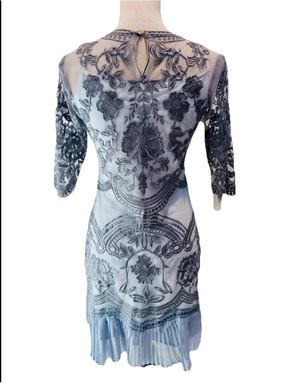 Silver Floral Embroidered Sheer Midi Dress satin Slip Sz S Ruffled Hem Wedding